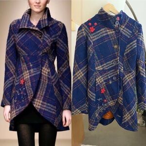 Desigual Embroidered Plaid Wool Coat